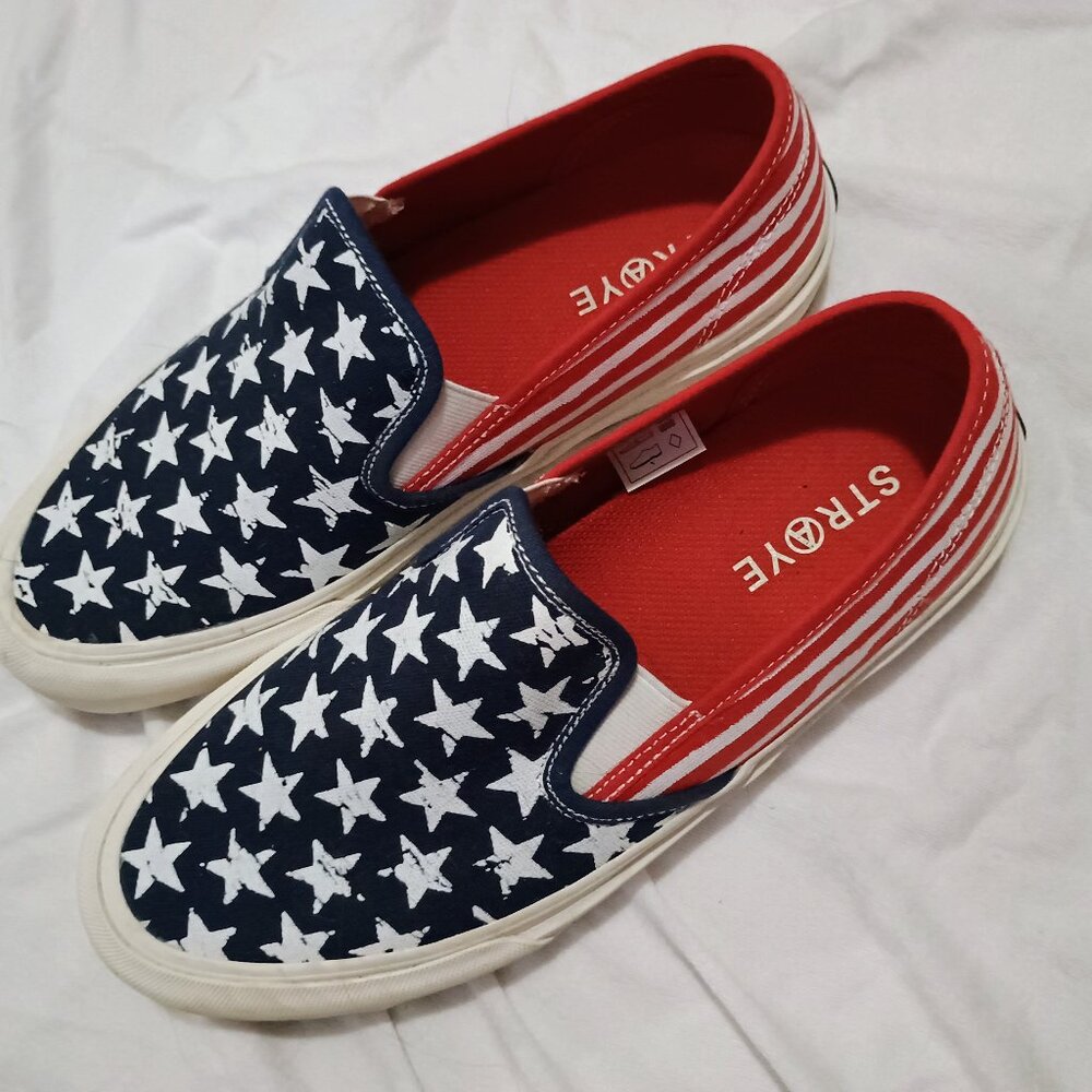 Red white and blue slip on shoes